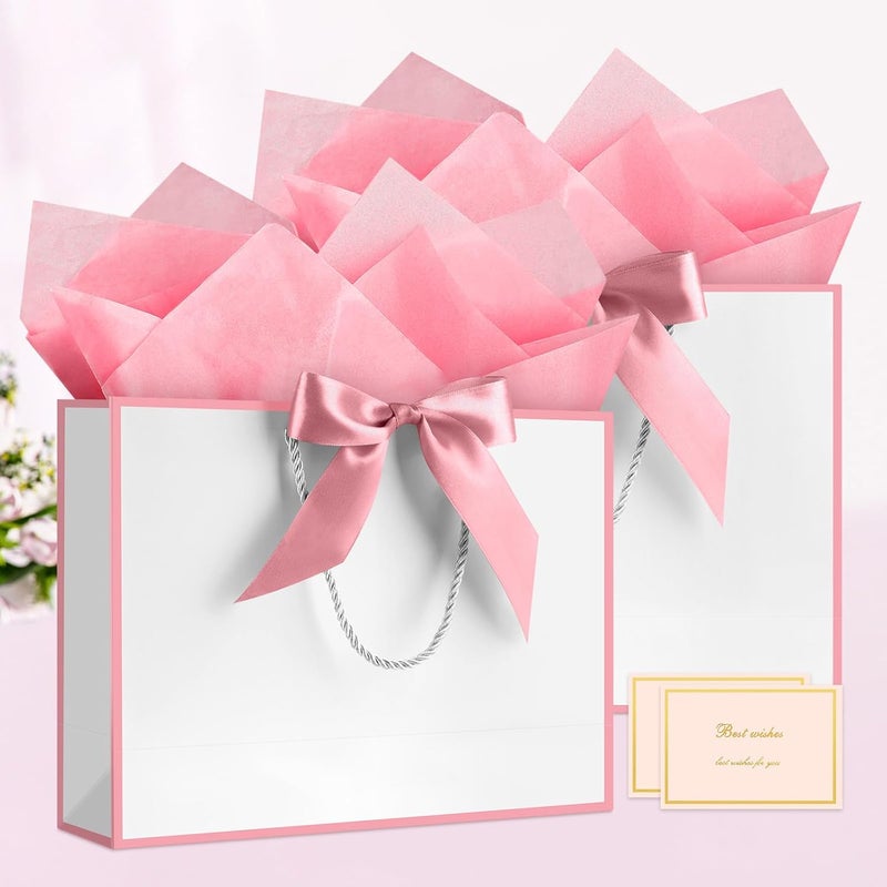 JMANNI 1PCS Large Gift Bag with Ribbon and 1 Greeting Card 2 Tissue Papers, Portable Paper Gift Bag with Handles, Birthday Present Bags for Wedding Party,Mothers Day12.6" x 9.8" x 3.9"(White-Pink - Image 2